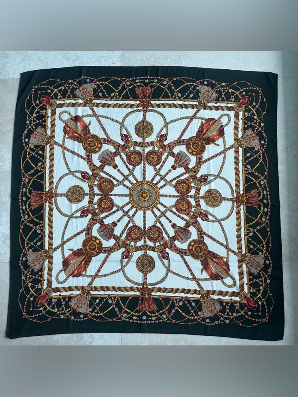 Vintage 100% Silk Square Scarf - Tassel Motif - Green, White & Rust